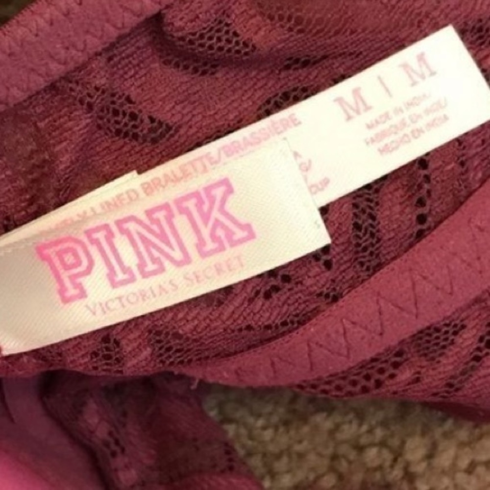 M Victoria's Secret Pink Date Lightly Lined Lace Bralette Rosewood Racerback - Picture 2 of 6